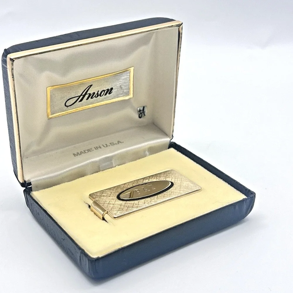 Vintage Anson Money Clip Gold Tone PAT Monogram Textured Finish W/ Original Box
